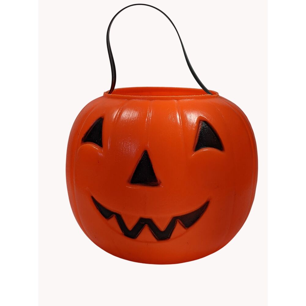 Vintage Empire Blow Mold Pumpkin Bucket Rivets Wide Handle Candy Pail 1970s 70s